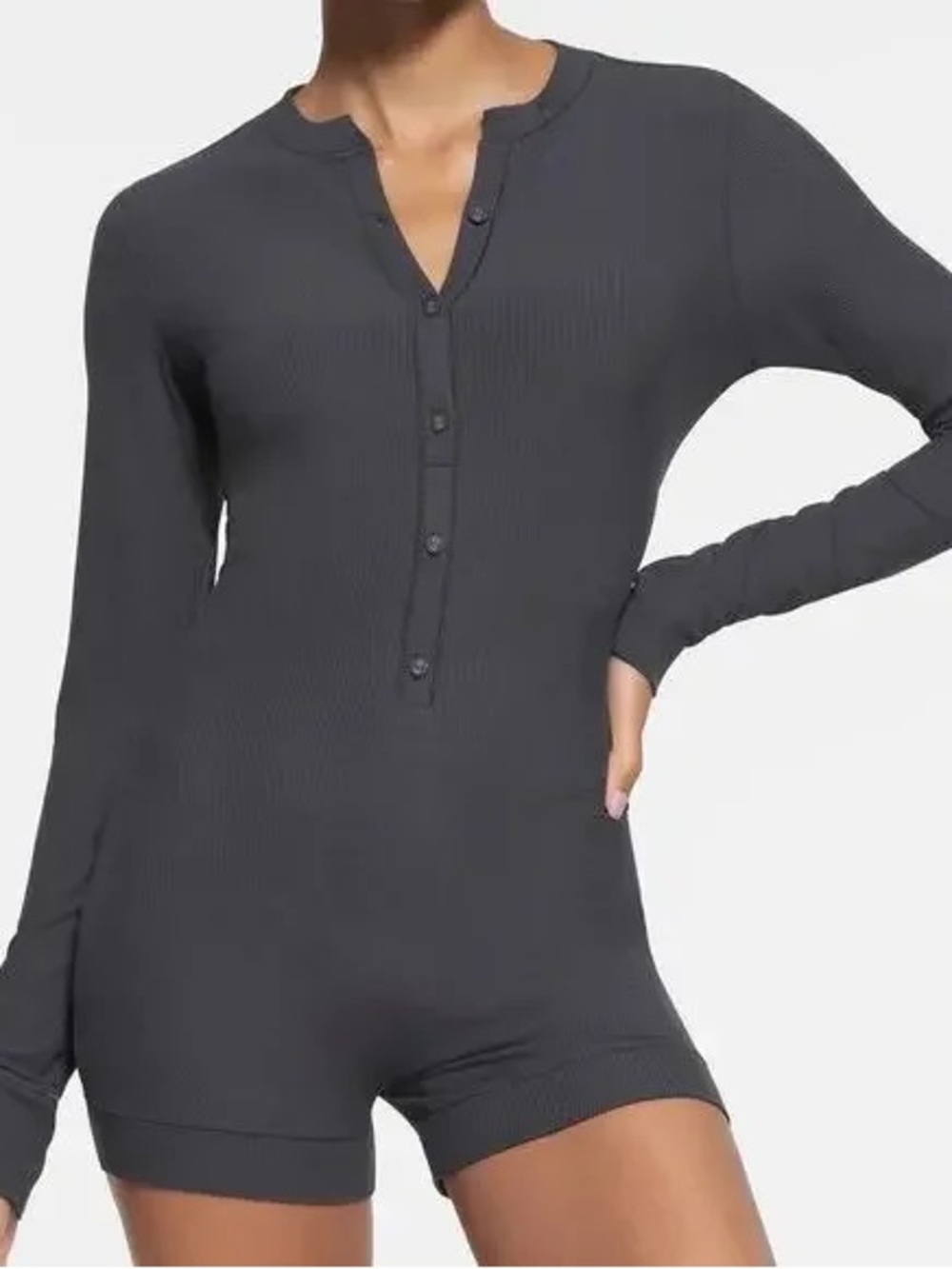SKIMS Grey Ribbed Henley Romper